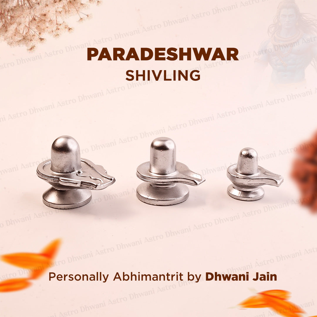 Three silver metallic Shivling amulets displayed on a light beige background with decorative dried flowers.