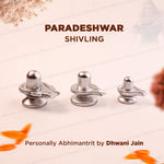 Three silver metallic Shivling amulets displayed on a light beige background with decorative dried flowers.