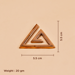 A copper-colored triangular geometric wall hook with dimensions