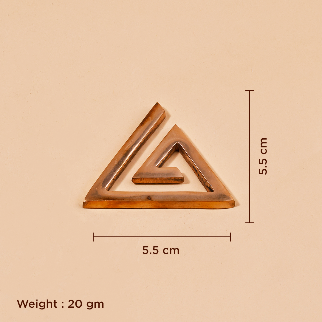 A copper-colored triangular geometric wall hook with dimensionsVastu Set for Home Office | Vastu Shastra Remedies | Prosperity, Protection & Positive Energy Symbols