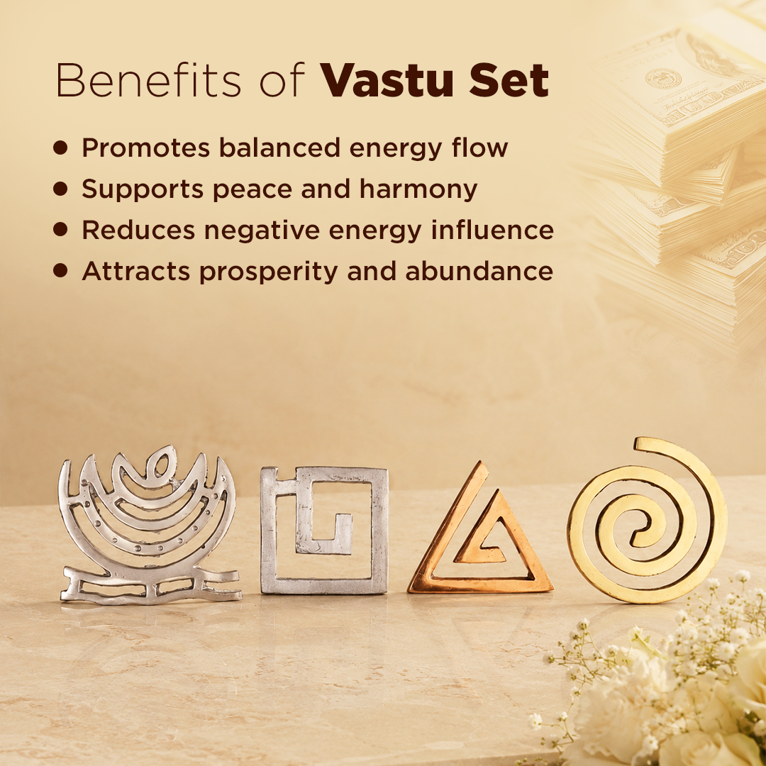 Benefits of Vastu Set text on a warm beige background with four metallic decorative symbols aligned at the bottom: a silver kantha-style motif, a silver square with a white center, a gold triangle with a white center, and a gold spiral. Decorative stacked money and flowers appear in the corners.