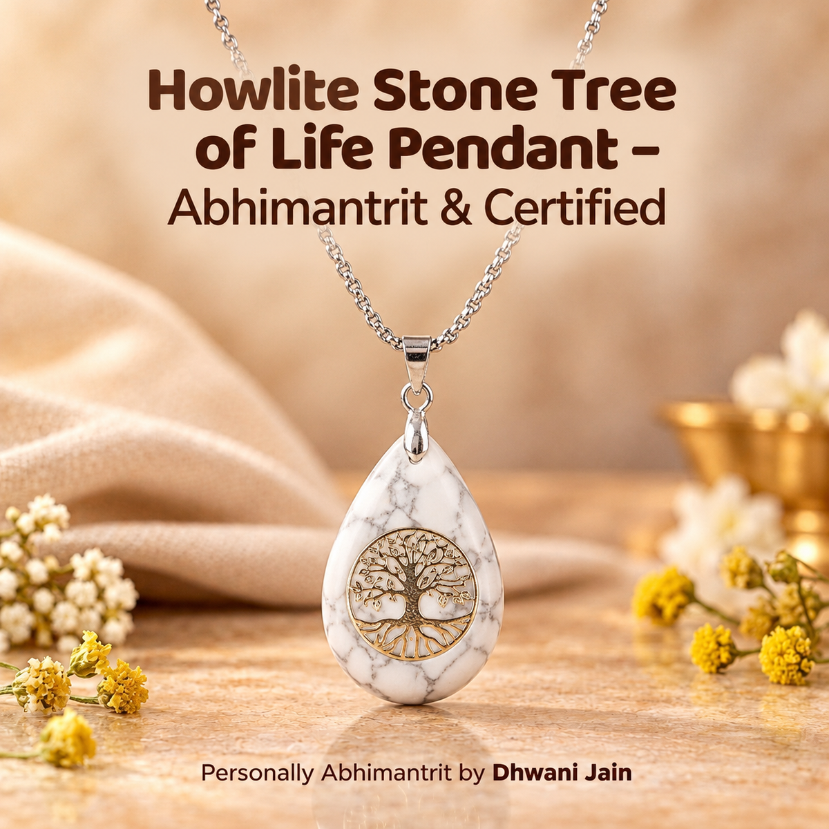 Howlite Stone Tree of Life Pendant for Mental Peace & Emotional Healing– Abhimantrit & Certified