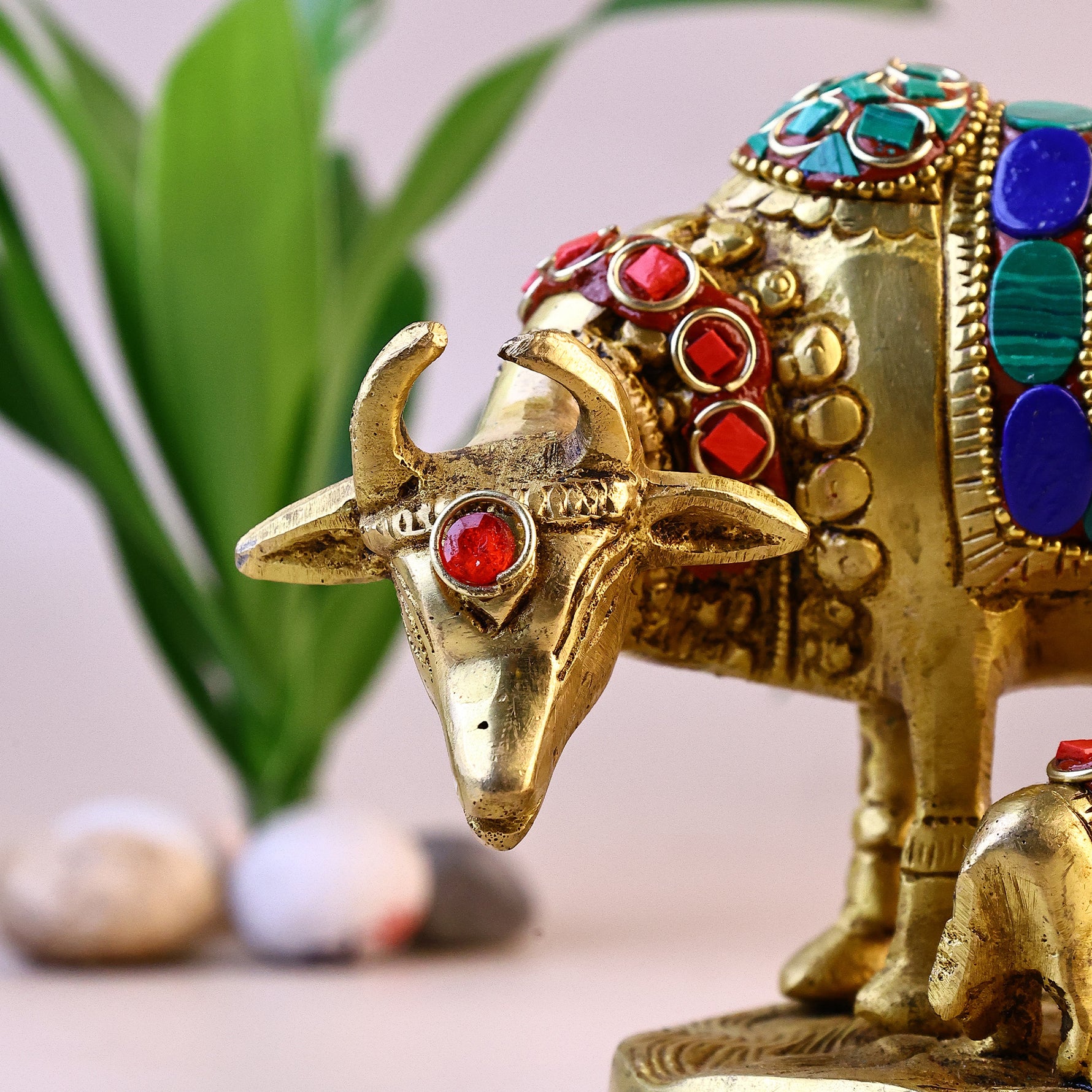 Brass Kaam Dhenu Cow With Calf (Stonework) - Abhimantrit