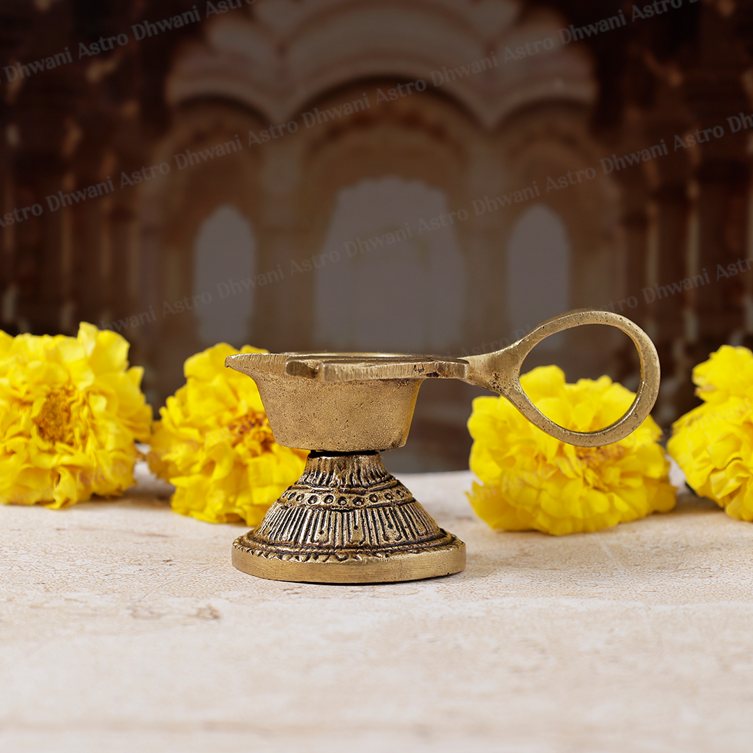 Brass Lotus Diya With Handle for Pooja & Spiritual