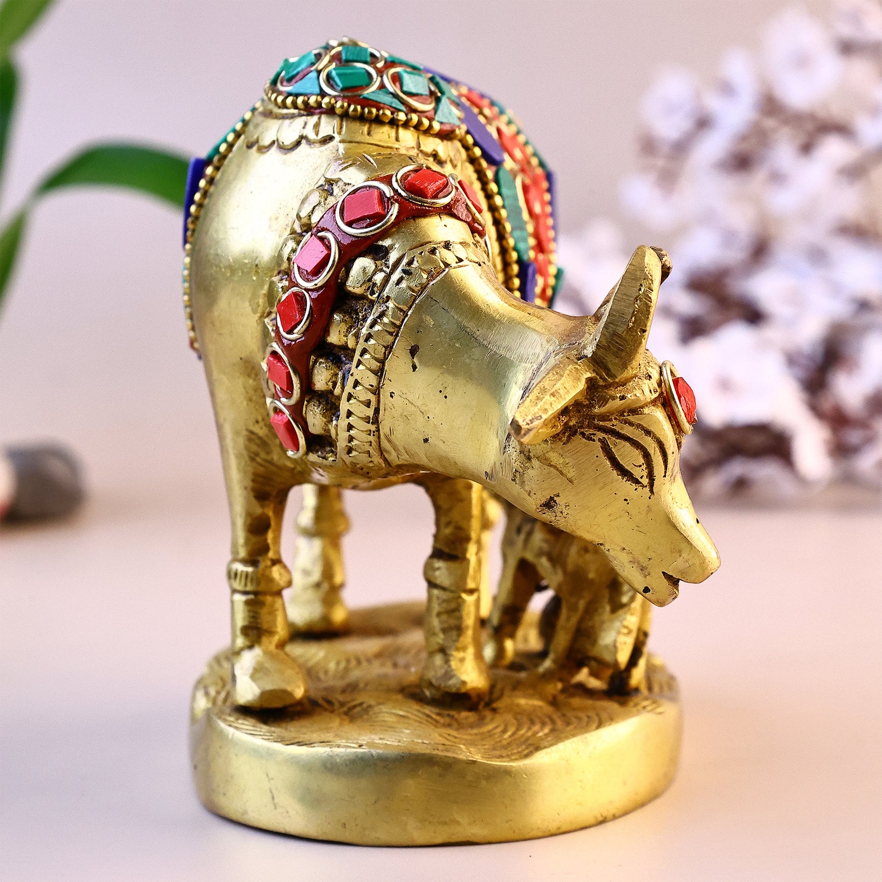 Brass Kaam Dhenu Cow With Calf (Stonework) - Abhimantrit