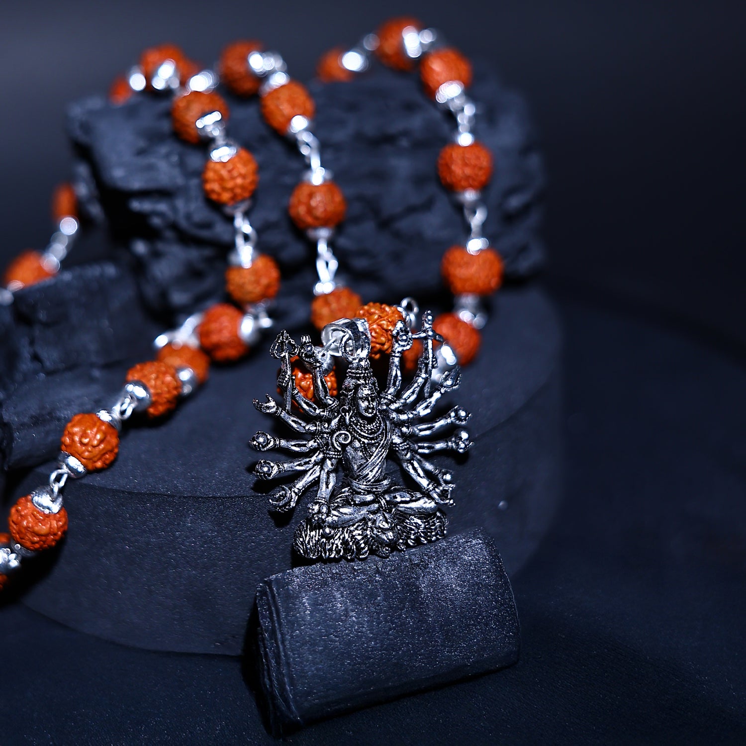 Silver Plated Lord Shiva Sitted Rudraksha Mala- Abhimantrit