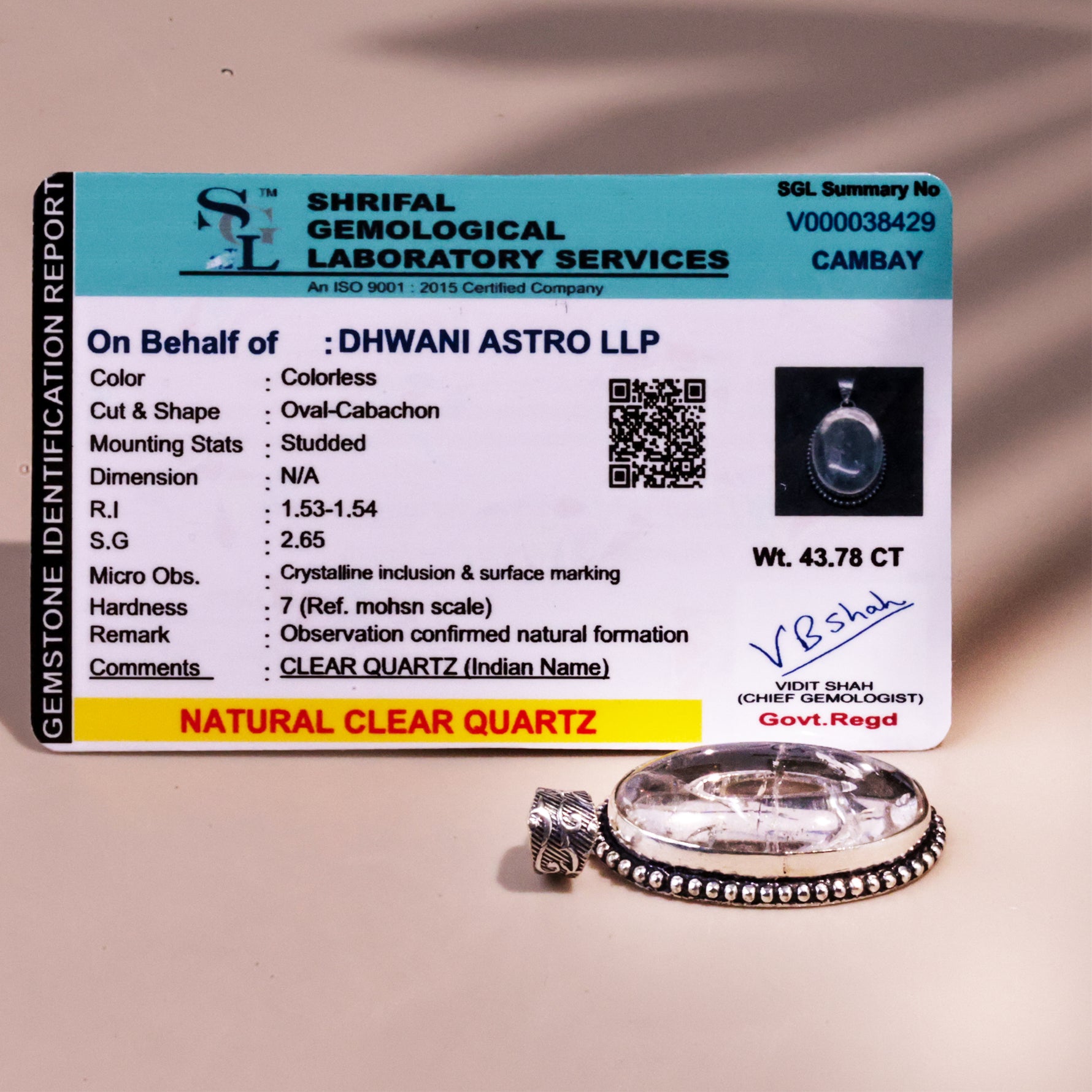 Clear Quartz Oval Stone Pendant - Abhimantrit & CertifiefdClear Quartz Oval Stone Pendant - Abhimantrit & Certified