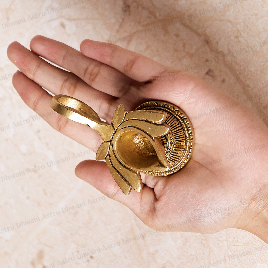 Brass Lotus Diya With Handle for Pooja & Spiritual