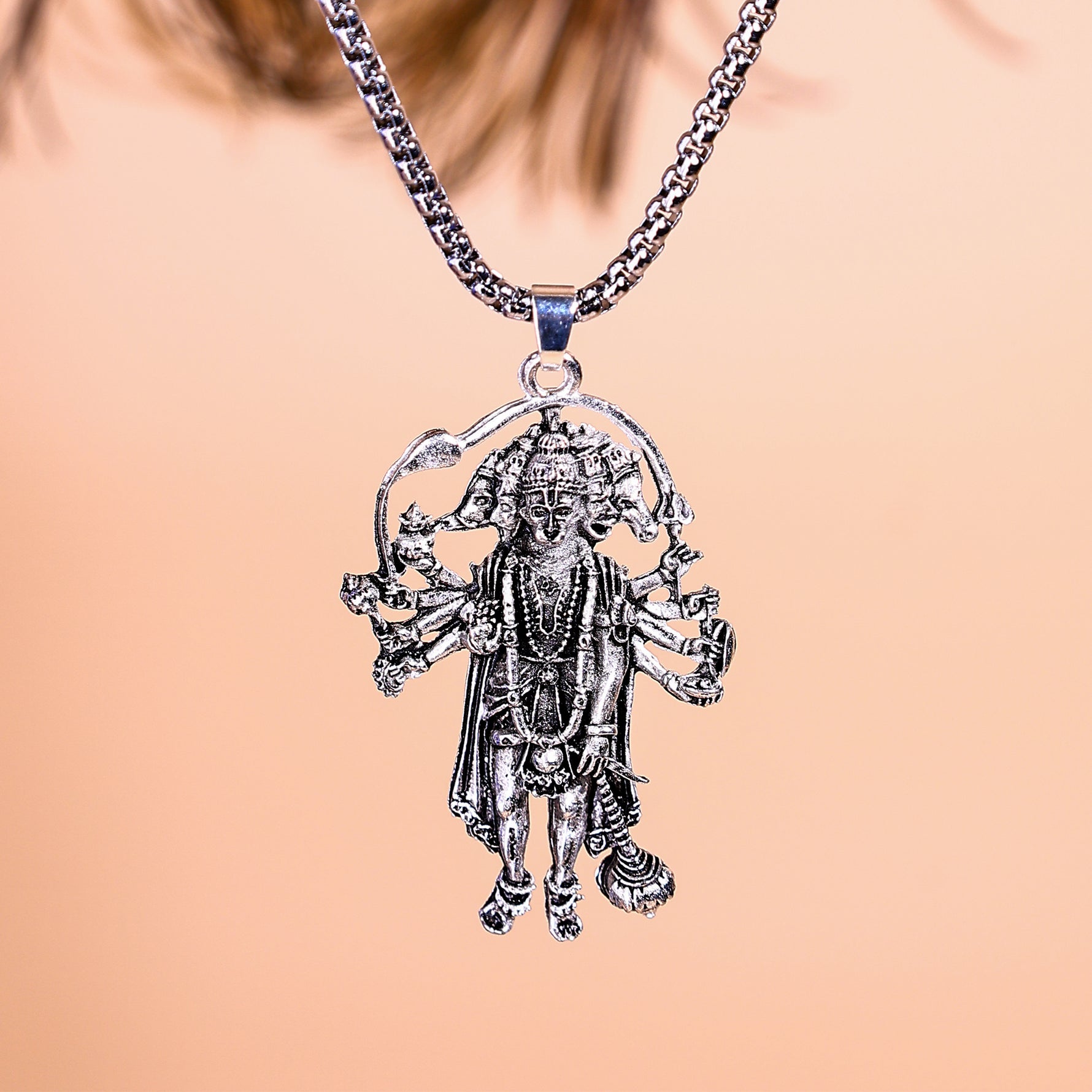 Silver Plated Panchmukhi Hanuman Ji Pendant - AbhimantritSilver Plated Panchmukhi Hanuman Ji Pendant - Abhimantrit