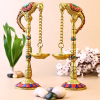 Brass Parrot Oil Light Set with Stone Work - Abhimantrit