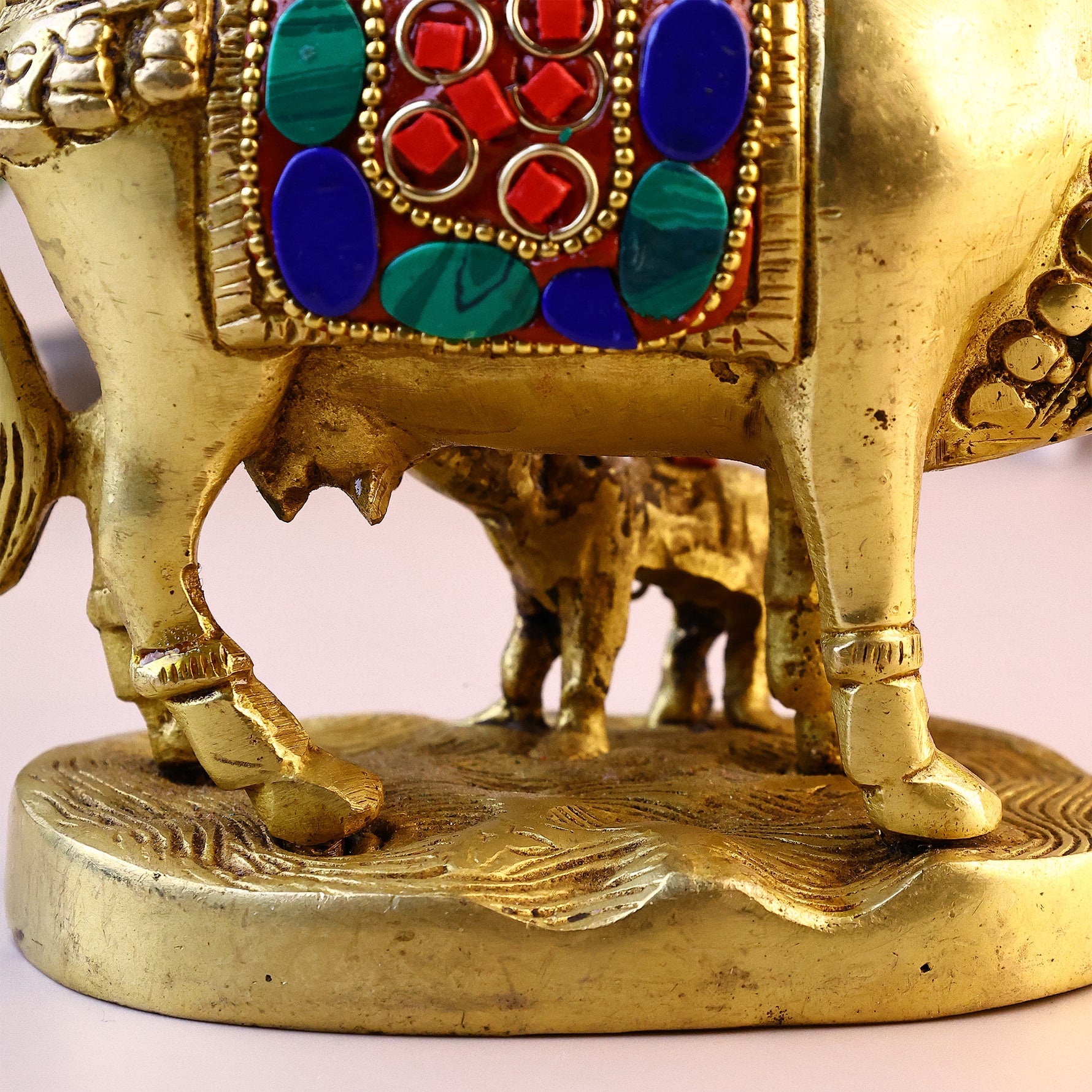 Brass Kaam Dhenu Cow With Calf (Stonework) - Abhimantrit