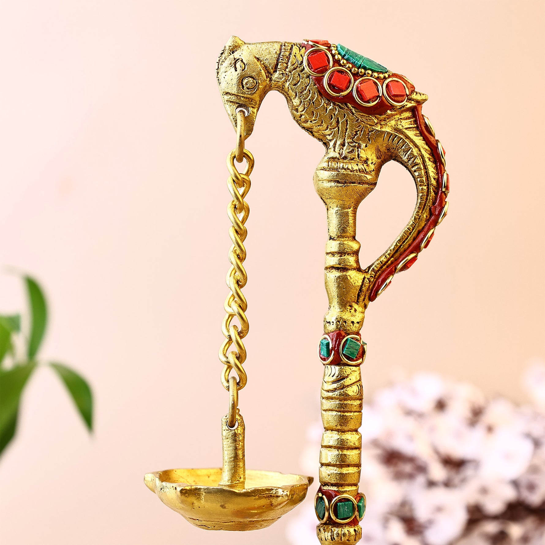 Brass Parrot Oil Light Set with Stone Work - Abhimantrit