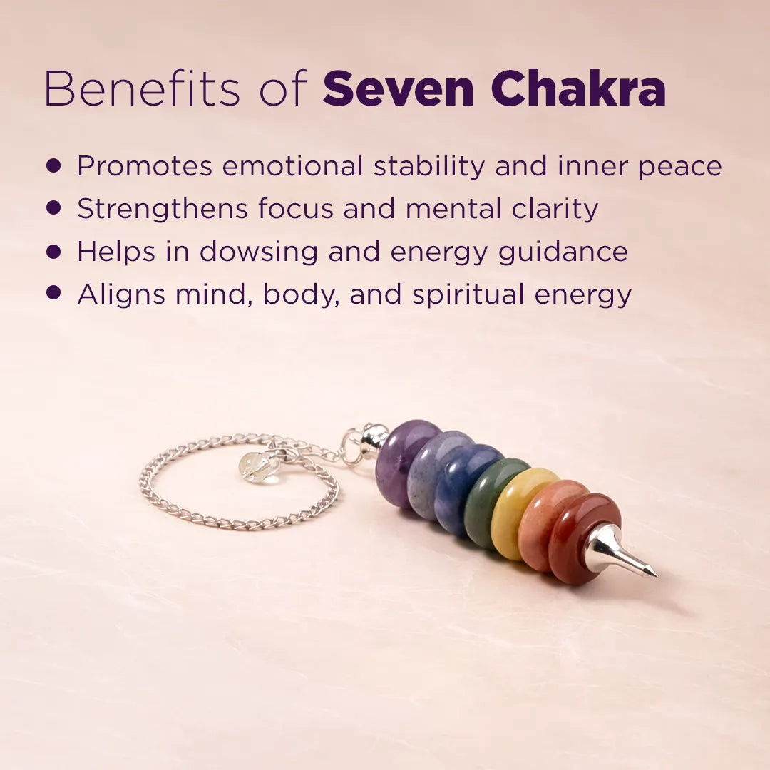 Seven-colored chakra tool with text listing benefits on a pink background