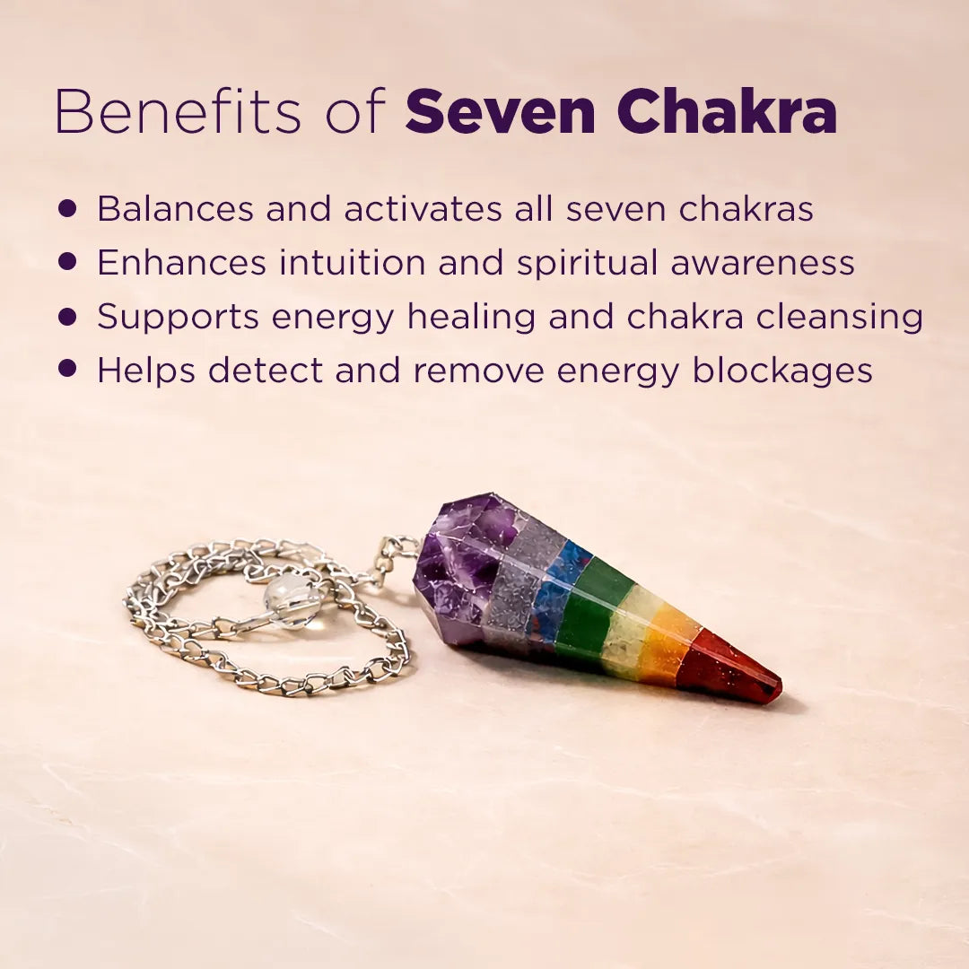 Seven-chakra crystal pendulum with text on benefits on a beige background