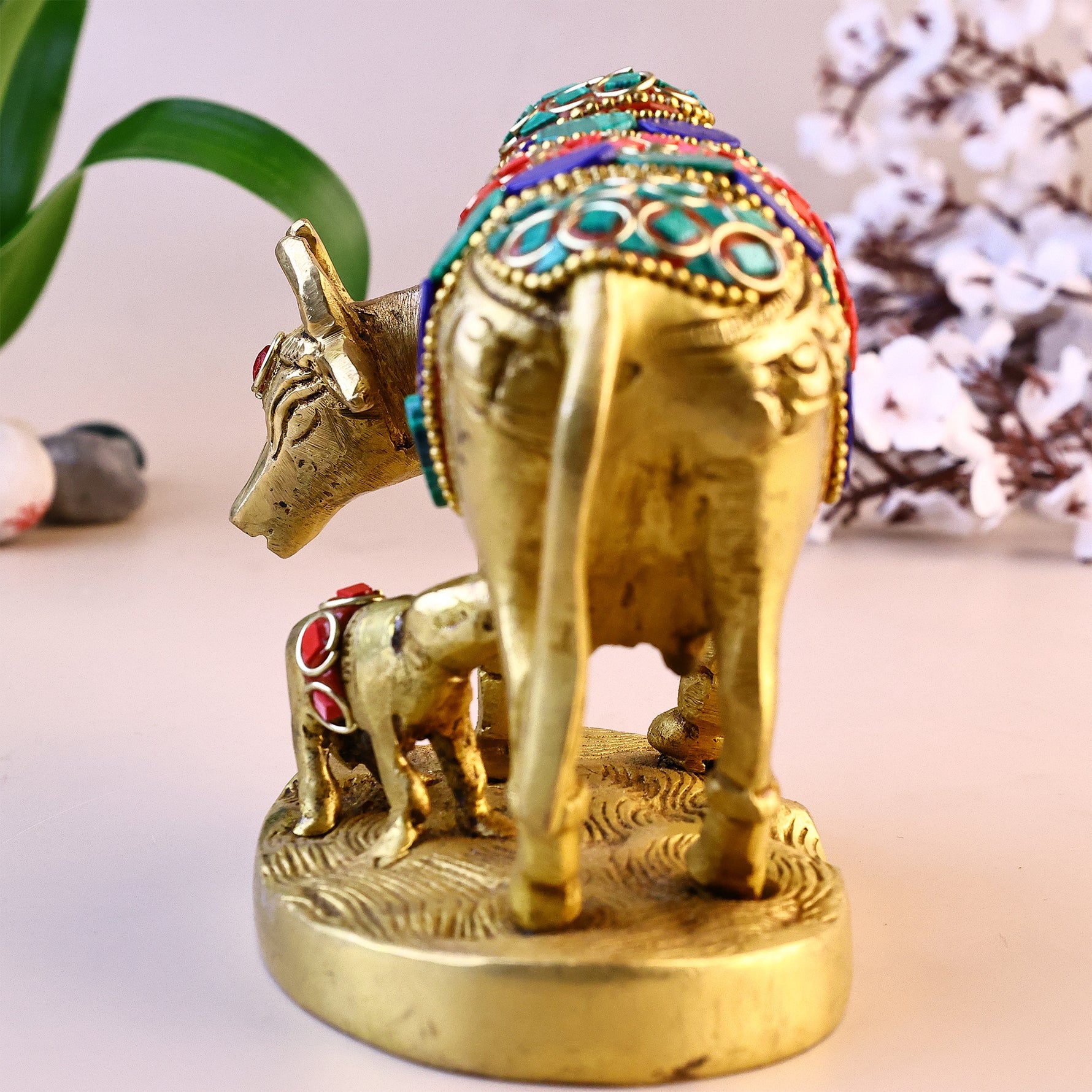 Brass Kaam Dhenu Cow With Calf (Stonework) - Abhimantrit