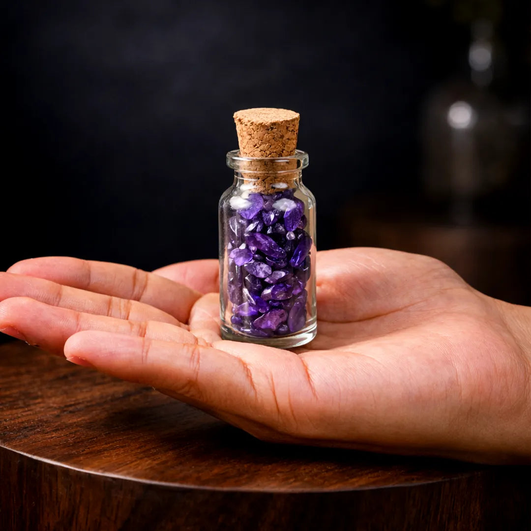 Hand holding a small glass bottle with cork top containing purple stones on a wooden surface.