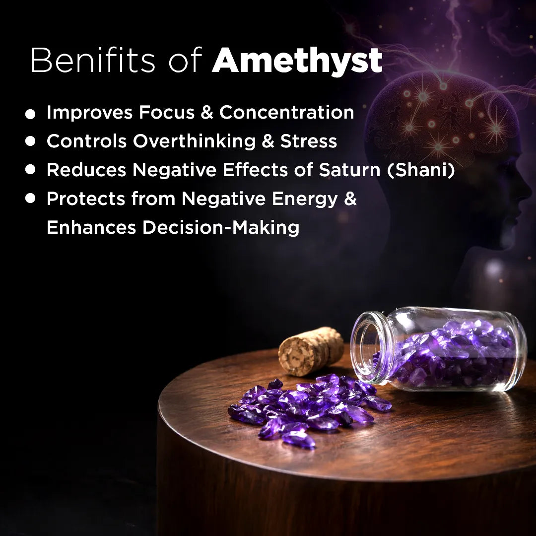 Glass jar with amethyst stones on a wooden surface, surrounded by a mystical background with text about amethyst benefits.Amethyst Bottle Chips – Emotional Healing, Stress Relief & Mental Peace