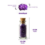 Amethyst crystal in a glass bottle with measurements and properties on a white background