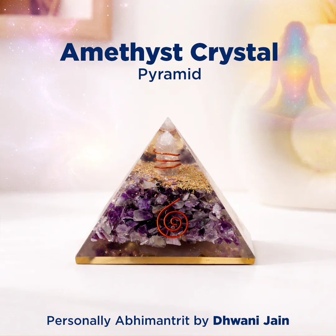 Amethyst crystal pyramid with a white background