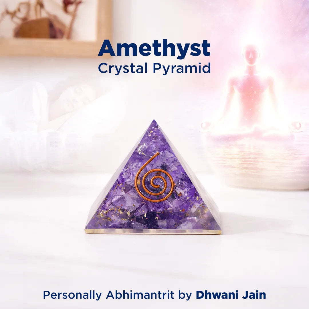 Amethyst crystal pyramid with a spiral design on a white surface, featuring the brand 'Dhwani Jain'.