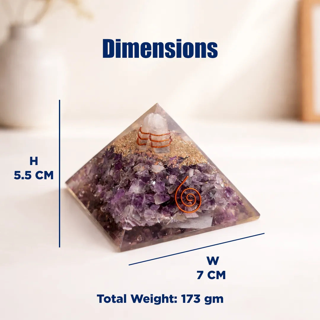 Crystal pyramid with dimensions and weight information on a white backgroundAmethyst Crystal Pyramid – Natural Healing Crystal Pyramid for Calm, Meditation