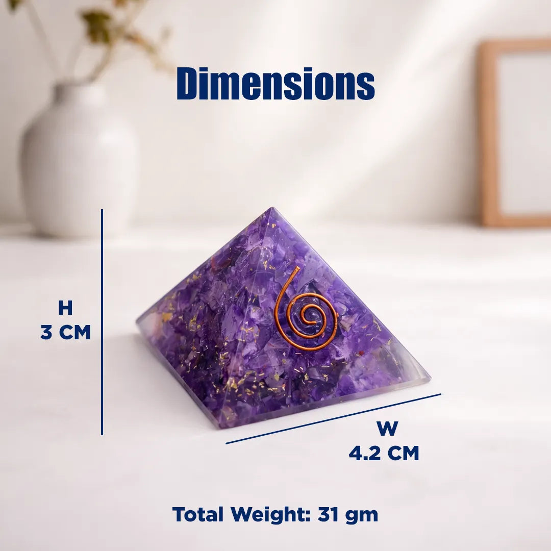 Purple crystal pyramid with measurements on a white surfaceNatural Amethyst Crystal Pyramid – Healing Energy Pyramid for Calm Mind, Focus
