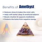 Amethyst pyramid with benefits listed on a white background