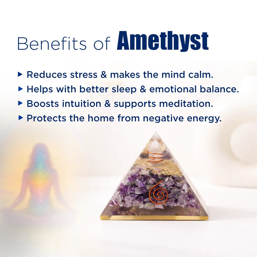 Amethyst pyramid with benefits listed on a white backgroundAmethyst Crystal Pyramid – Natural Healing Crystal Pyramid for Calm, Meditation