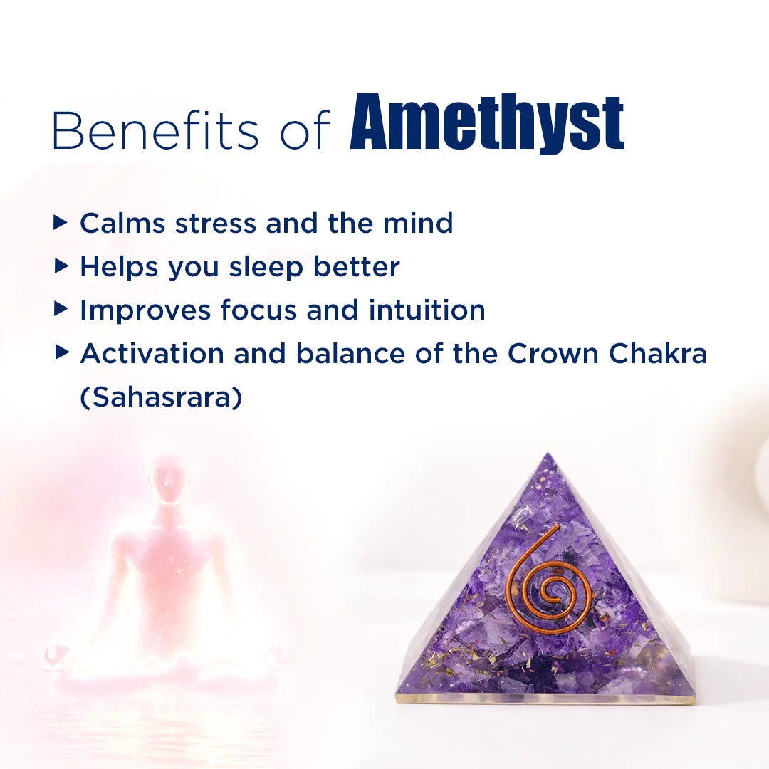 Amethyst crystal pyramid with benefits listed on a white background