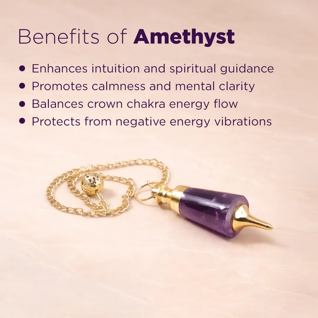 Amethyst pendant with gold chain on a pink background, featuring benefits of amethyst.Amethyst Pendulum - Intuition & Healing Dowsing Tool
