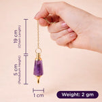 Hand holding a purple pendant with gold chain, showing measurements on a beige background