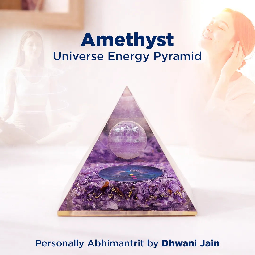 Amethyst universe energy pyramid with a person in the background