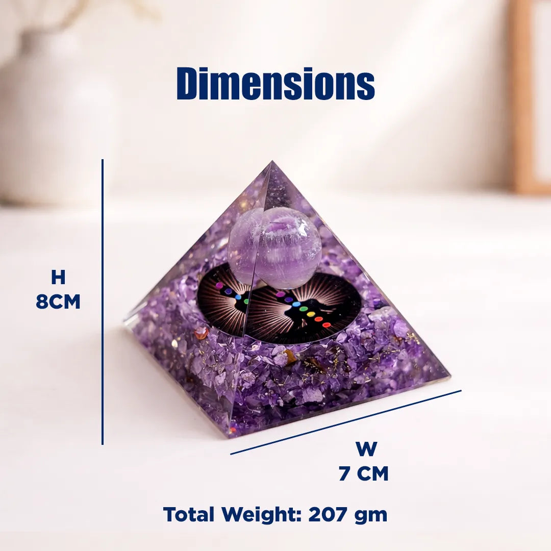 Pyramid-shaped purple crystal with dimensions and weight information on a white backgroundAmethyst Universe Energy Pyramid: Emotional Healing & Stress Relief