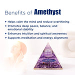 Amethyst pyramid with benefits listed on a white background