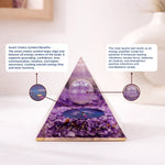 Amethyst crystal pyramid with educational text about its benefits on a white background