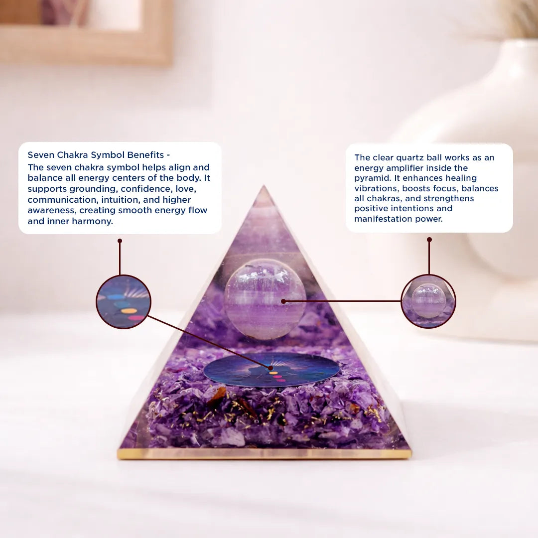 Amethyst crystal pyramid with educational text about its benefits on a white backgroundAmethyst Universe Energy Pyramid: Emotional Healing & Stress Relief