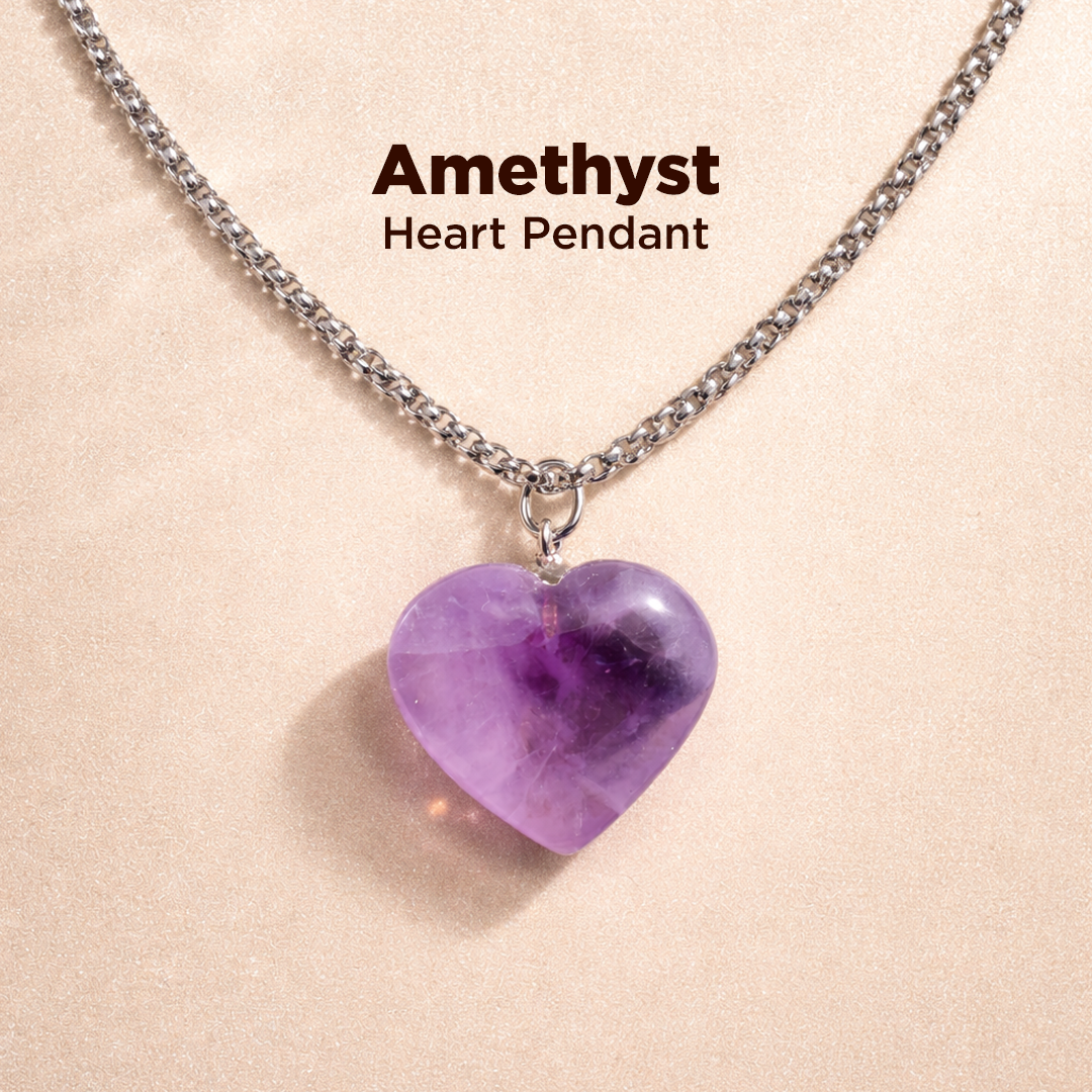 Amethyst heart pendant necklace on a beige background