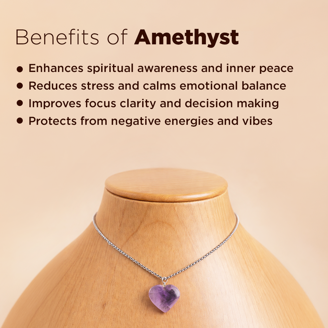 Necklace with a heart-shaped amethyst pendant on a mannequin against a beige background with text about amethyst benefits.Amethyst Heart Pendant (Abhimantrit) for Peace & Clarity