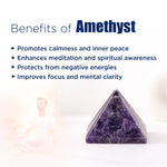 Triangular amethyst crystal with benefits listed on a white background