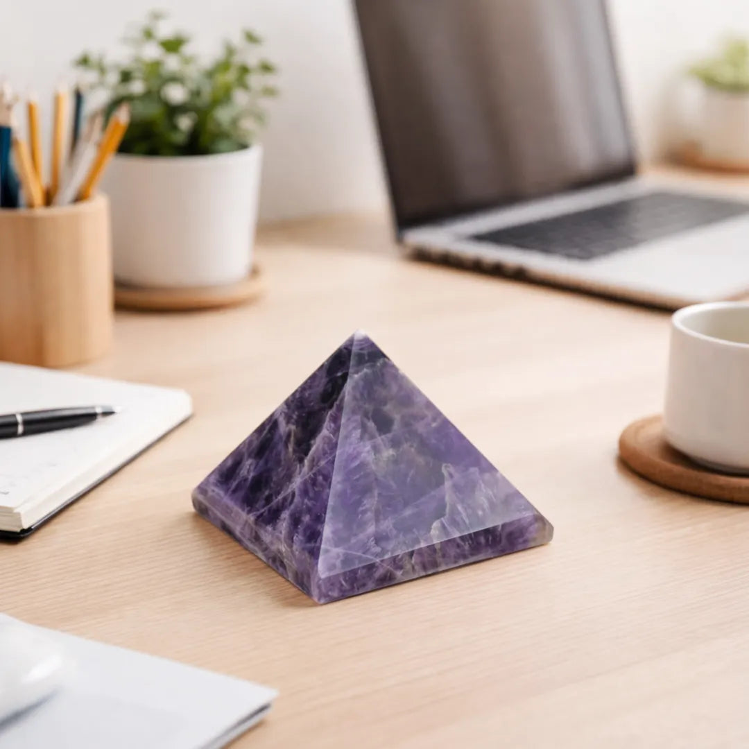 Purple pyramid crystal on a desk with laptop, notebook, and office supplies.