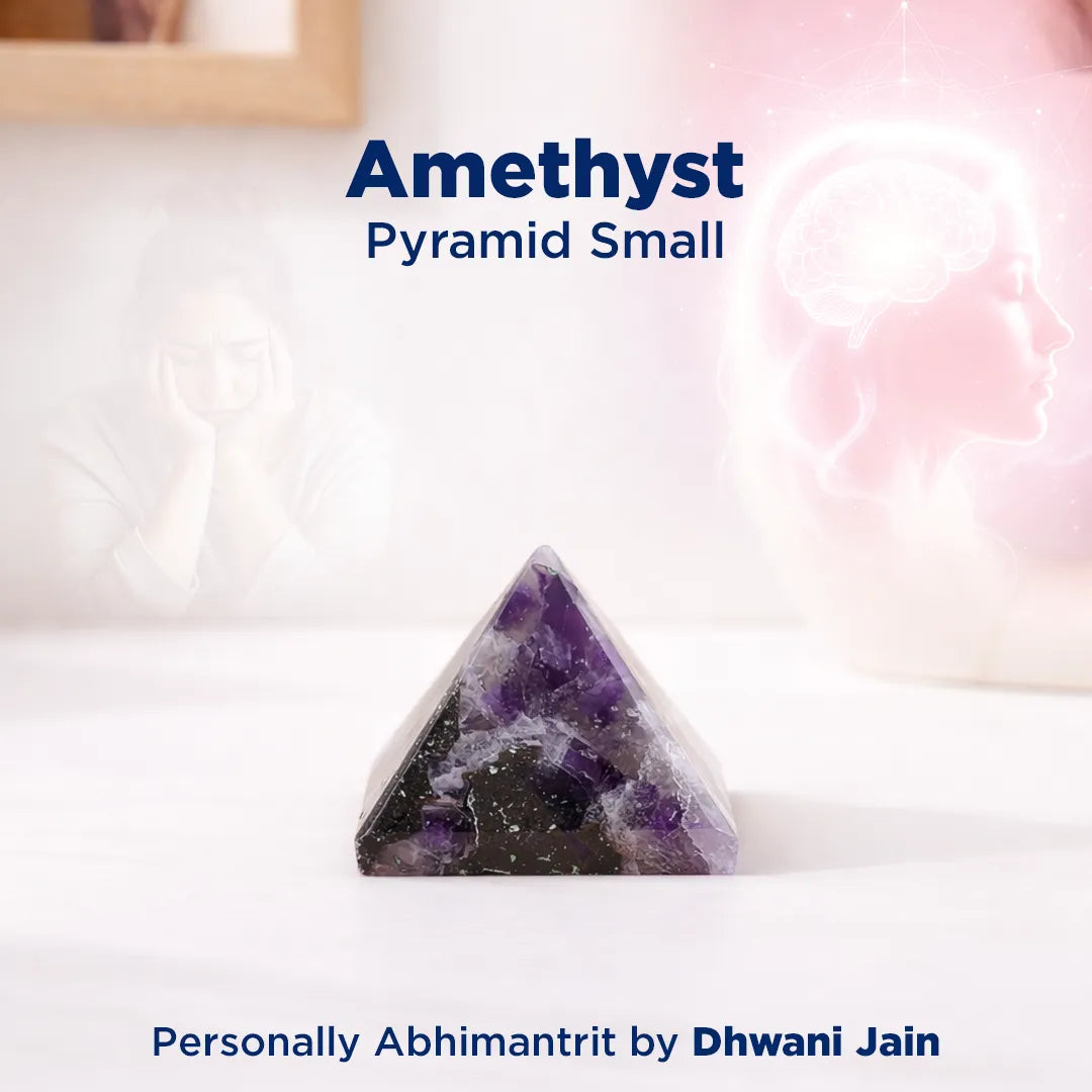 Small amethyst pyramid on a white background with 'Amethyst Pyramid Small' text.