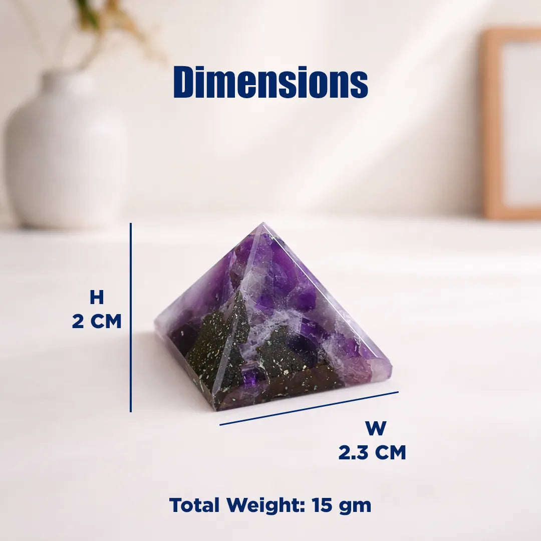 Pyramid-shaped purple crystal with dimensions and weight information on a white surface.
