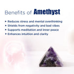 Amethyst crystal with benefits listed on a white background