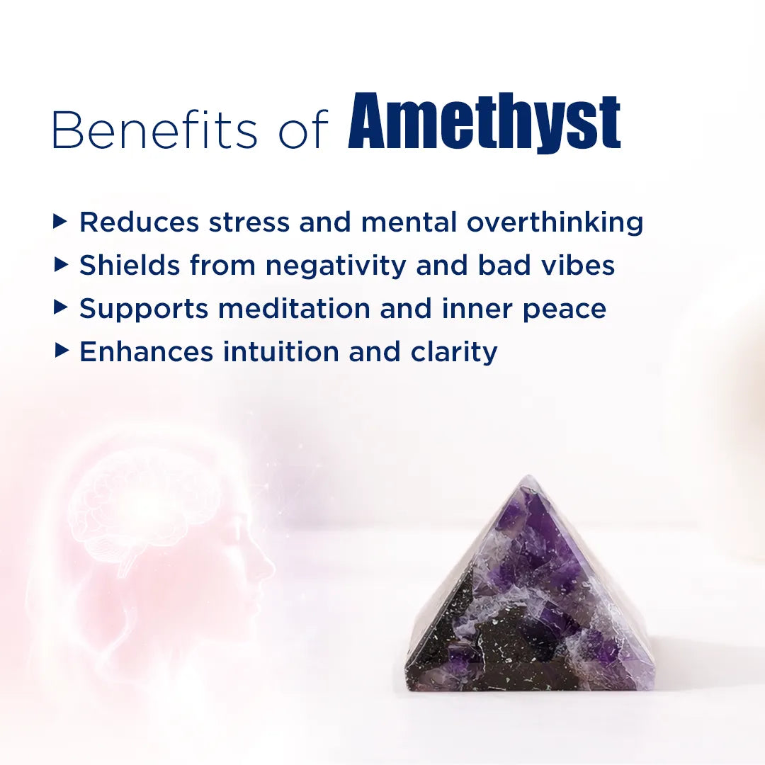 Amethyst crystal with benefits listed on a white backgroundAmethyst Pyramid Small – Natural Healing Crystal Pyramid for Peace, Protection
