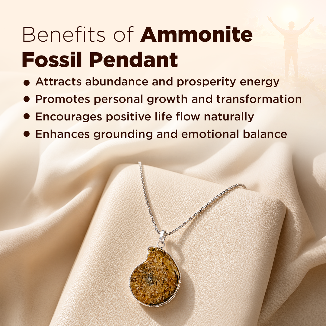 Ammonite fossil pendant on a beige fabric background with text about its benefits.Ammonite Fossil Pendant for Prosperity, Protection & Spiritual Growth