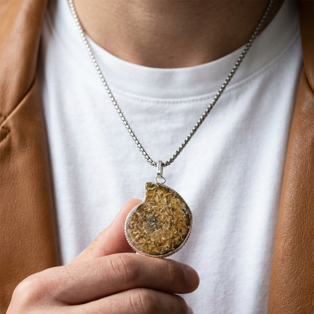 Person holding a necklace with a round pendant featuring gold and silver elements.
