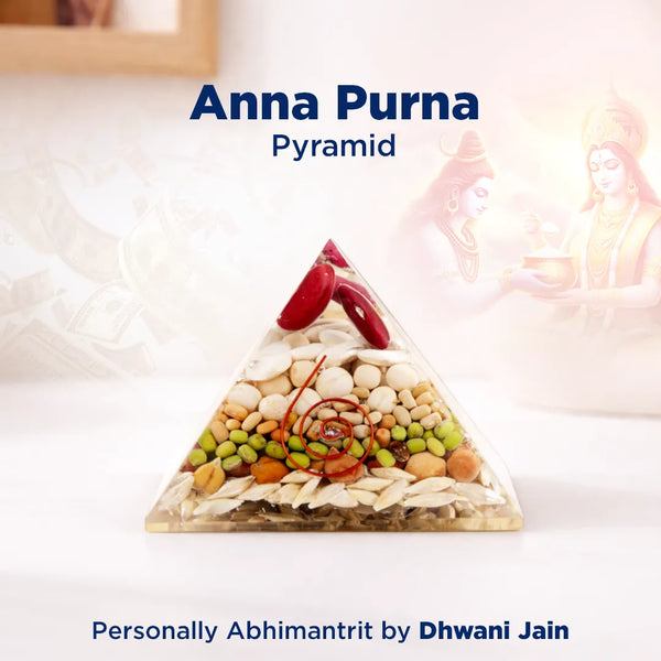 Pyramid-shaped object with colorful elements on a white background, branded 'Anna Purna Pyramid' by Dhwani Jain.