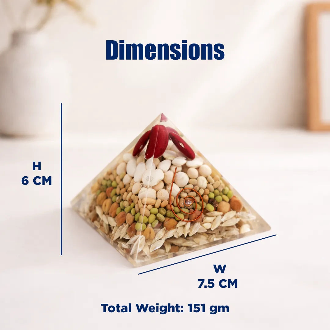 Pyramid-shaped decorative item with dimensions and weight details on a blurred backgroundAnna Purna Pyramid – Prosperity & Abundance Energy Pyramid for Home
