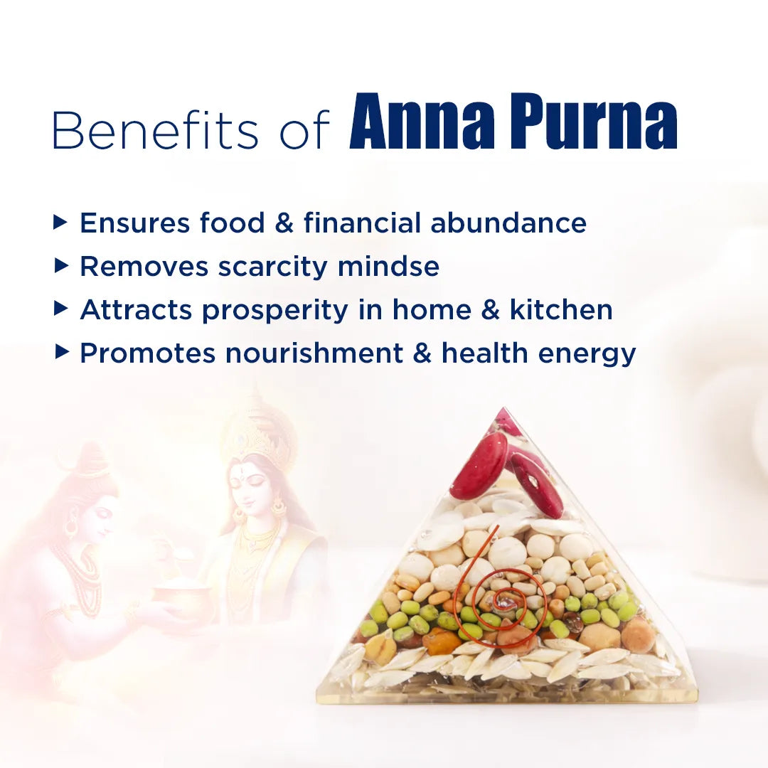 Pyramid-shaped container with colorful contents labeled 'Benefits of Anna Purna' on a white background.