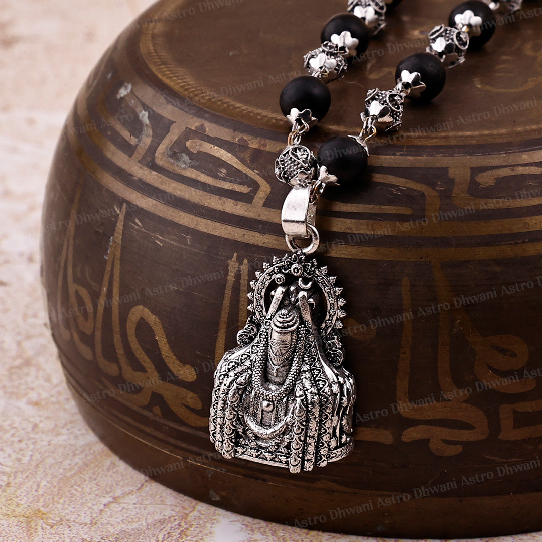 Silver Karungali Om Beads Mala With Mahadev Jyotirling Pendant